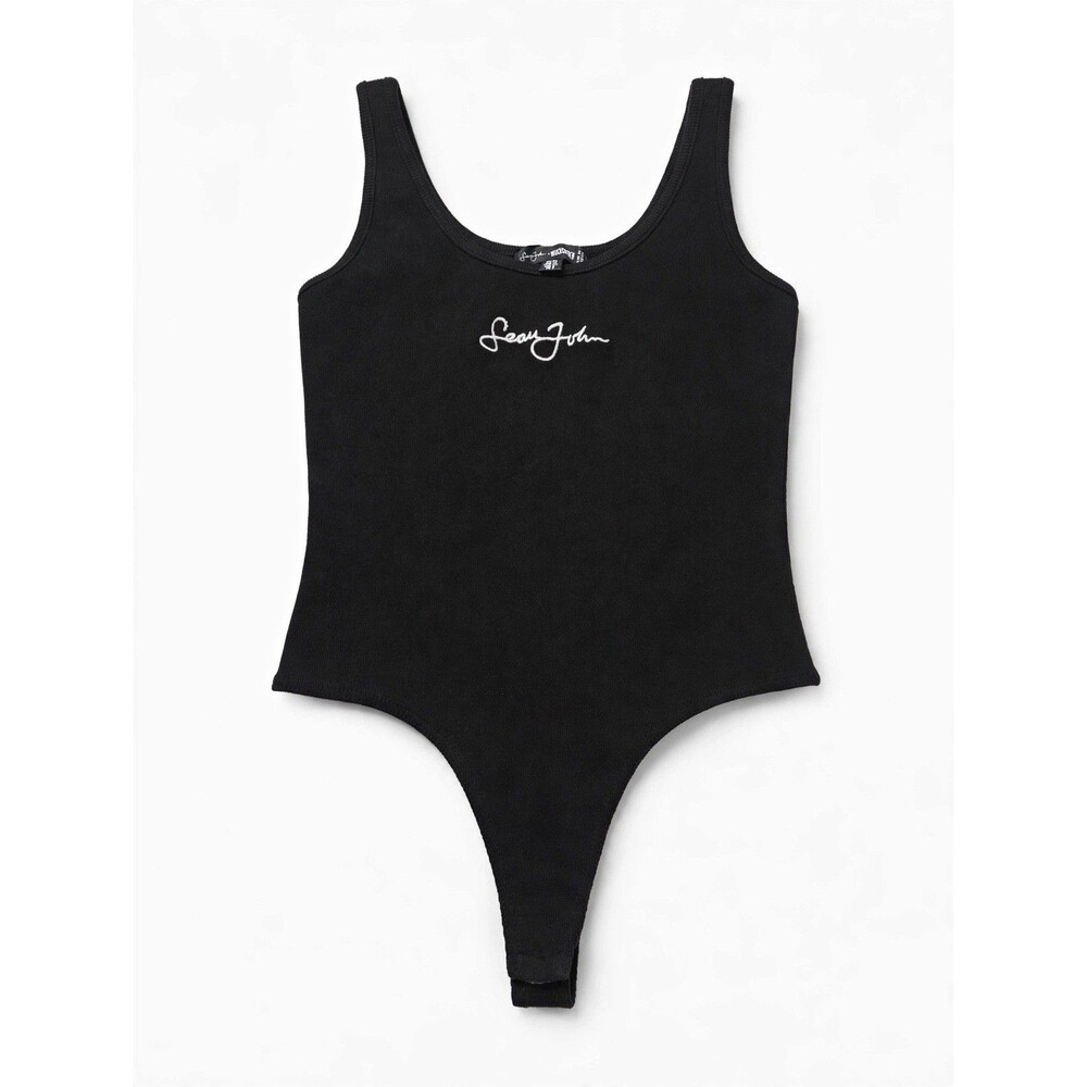Sean John Missguided Bodysuit US 8 Black Ribbed Embroidered Logo NWT Y2K